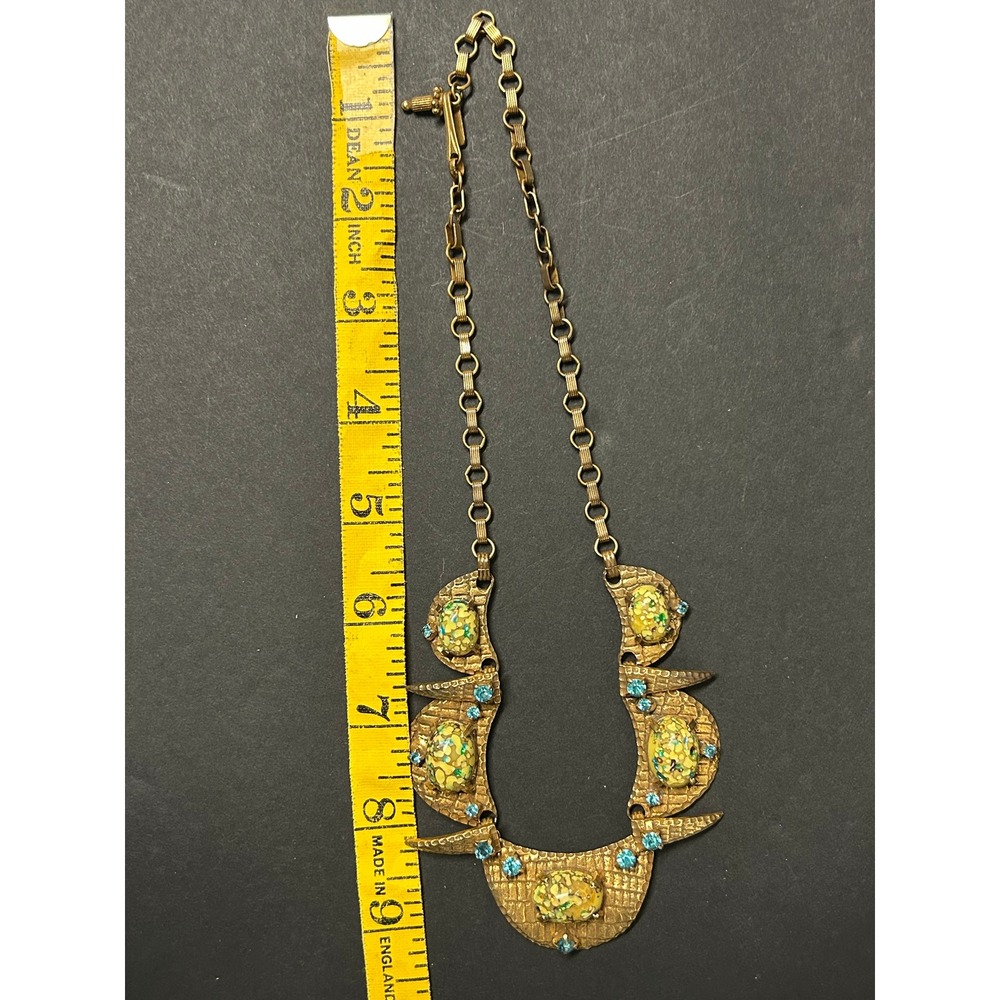 Vintage Jewelry Gold Blue Confetti Glass Bib Necklace Earring Set Brutalist RARE - Picture 8 of 8